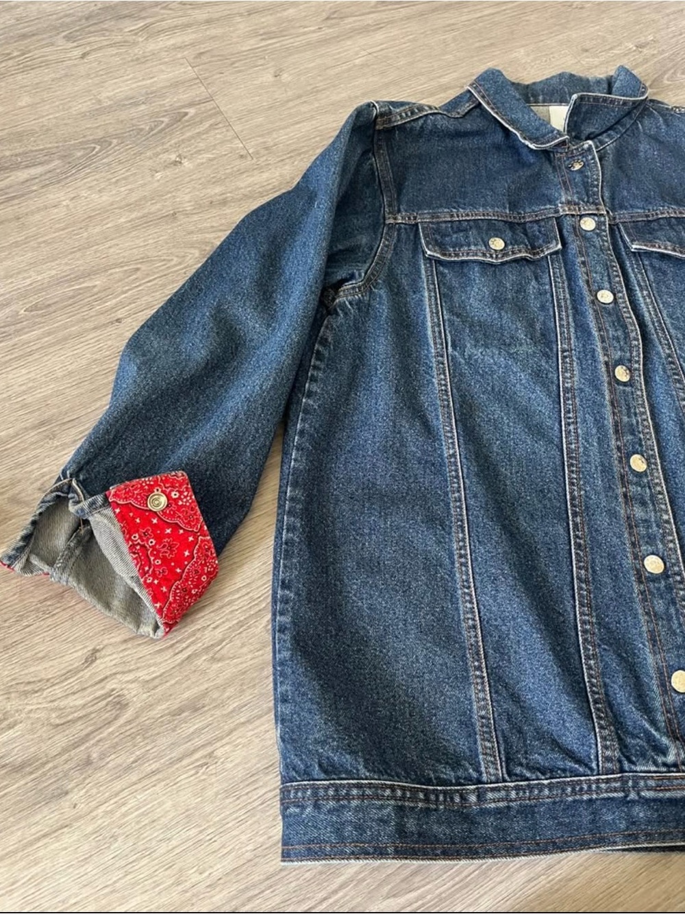 Unisex Dark Blue Denim Jacket with Red Bandana Cuff